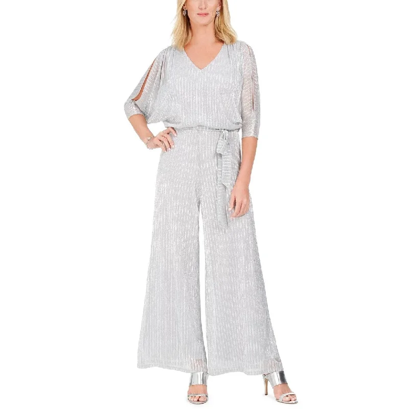 MSK Women's Metallic Wide-Leg Jumpsuit Silver Size 10 Sleek Women's Metallic