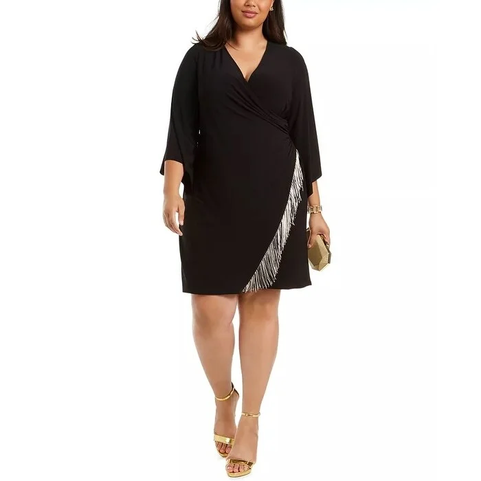 MSK Women's Plus Size Fringe-Trim Surplice Dress Black Size 2X Disco