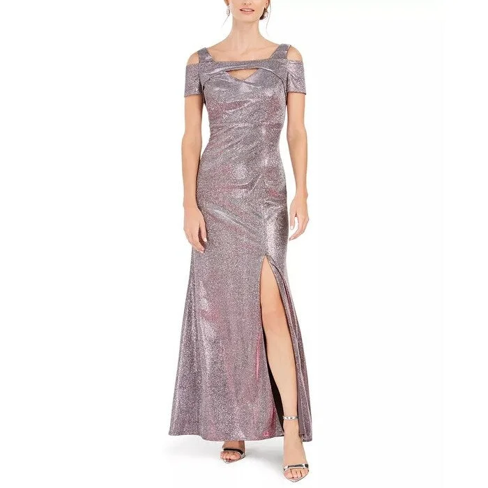 Nightway Women's Metallic Cold-Shoulder Gown Purple Size 4 Dynamic Women's High - energy