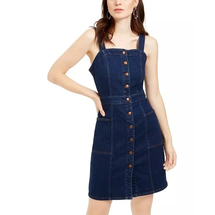 OAT Women's Fitted Button-Front Overall Dress Dark Blue Size 6 Earthy Women's 