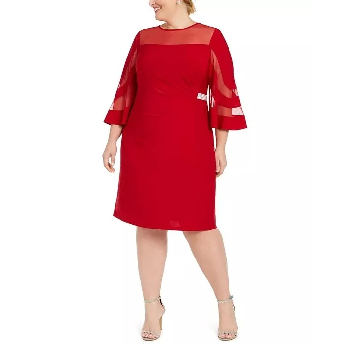 R & M Richards Women's Plus Illusion Neck Dress Red Size 20W Casual Women's Loose - fitting