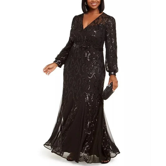 R & M Richards Women's Plus Surplice Sequined Gown Black Size 20W Cashmere