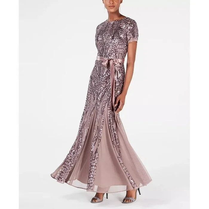 R & M Richards Women's Sequin Embellished Pleated Gown Brown Size 12 Casual Women's Japanese 