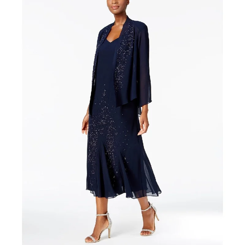 R & M Richards Women's Sleeveless Beaded V-Neck Dress And Jacket Blue Size Medium Regular - Medium Regular Classic Women's Tweed