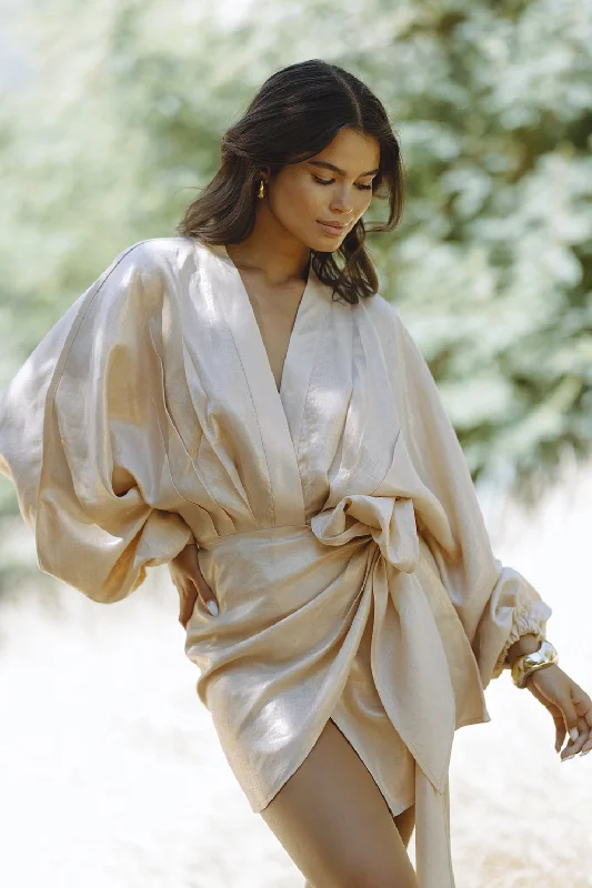 ROMARA LINEN FOIL DRESS - BEIGE GOLD Sharp Women's Italian