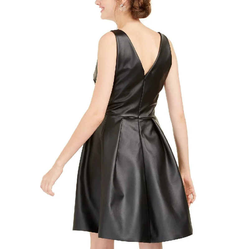 Rosie Harlow Juniors' Faux-Leather Fit & Flare Dress Black Size Medium Relaxed Women's 