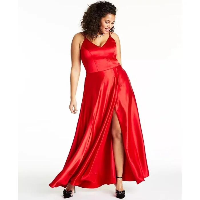 Sequin Hearts Women's Trendy Plus Slit Satin Gown Red Size 18 Disco