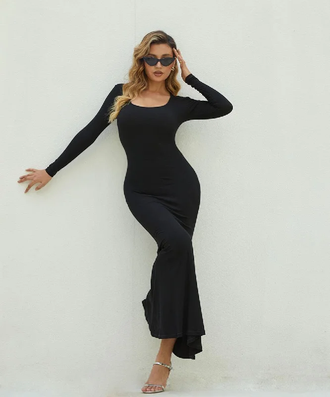 Solid Long Sleeve Maxi Dress Monochromatic Office Style