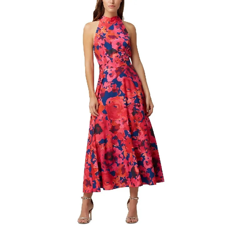 Tahari A SL Women's Floral Halter Neck Crepe De Chine Dress Coral Pink Size 6 Sophisticated Women's Tailored