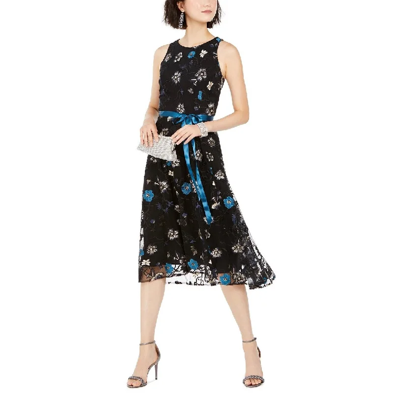 Tahari ASL Women's Floral Embroidered Mesh Midi Dress Black Charcoal Size 12 Confident Women's Power