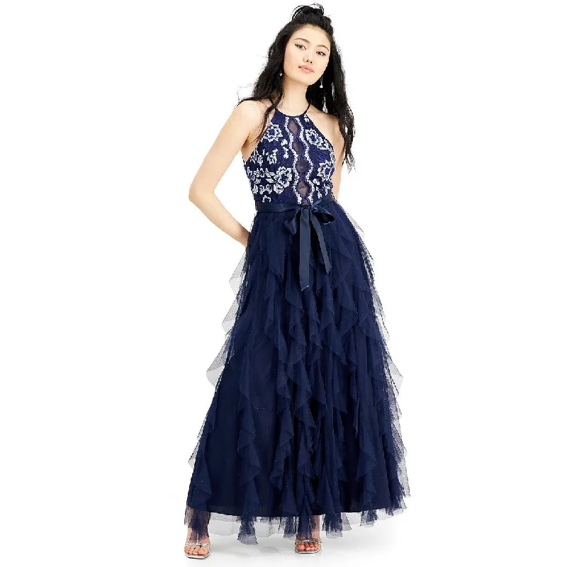 Teeze Me Junior's Embroidered Top Layered Skirt Gown Navy Size 7 Elegant Women's Formal 