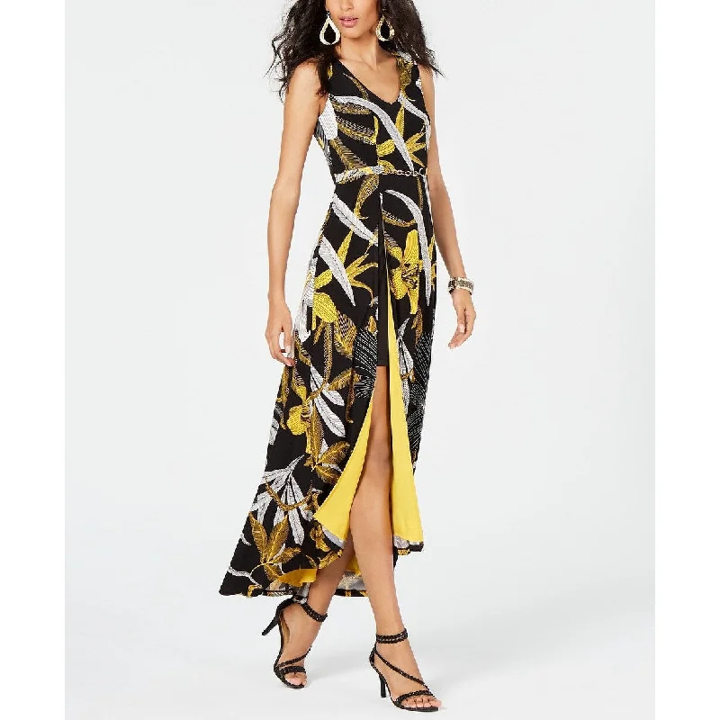 Thalia Sodi Women's Printed Belted-Detail Maxi Dress Gold Florar Size Medium - Black Hip Women's Urban