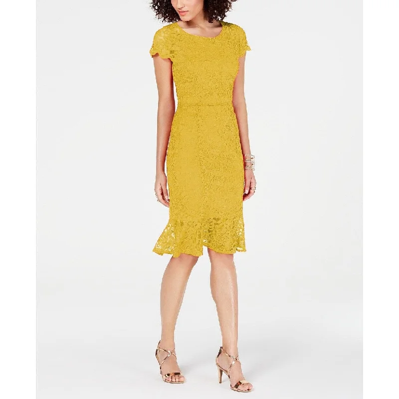 Thalia Sodi Women's Short Sleeve Lace Dress Yellow Size Medium Laid - back Women's Style