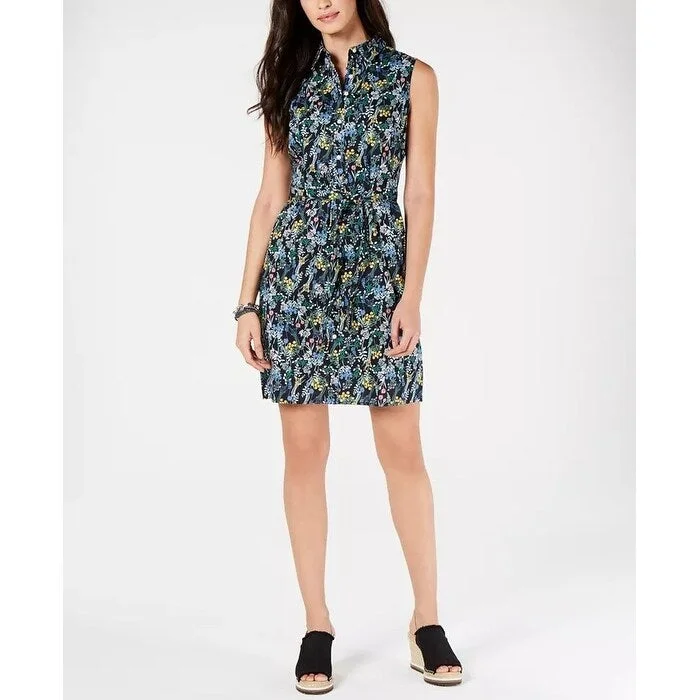 Tommy Hilfiger Women's Cotton Floral-Print Belted Shirtdress Blue Size 2 Sporty Women's Tennis