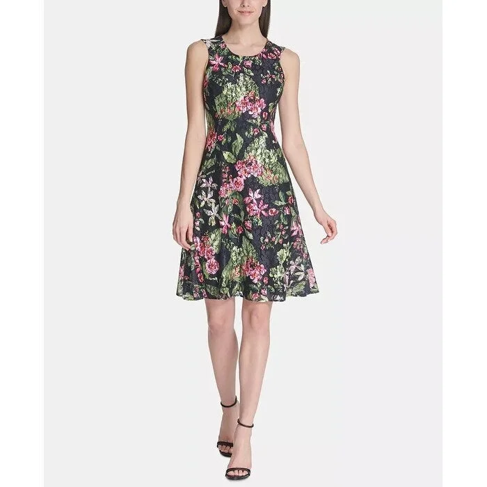 Tommy Hilfiger Women's Floral-Print Lace Fit & Flare Dress Charcoal Size 2 Artistic Women's Avant - 
