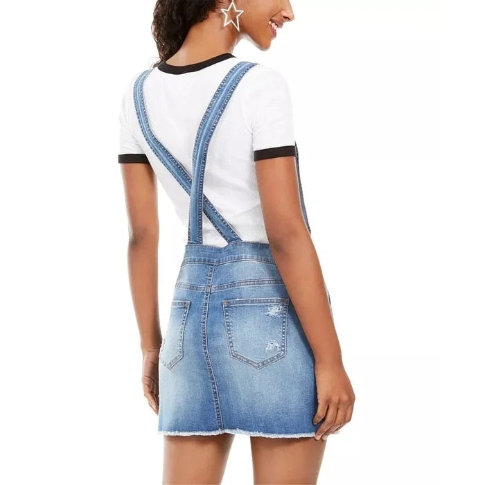 Vanilla Star Juniors' Frayed-Hem Overalls Dress Blue Size 15 Traditional Women's Wool