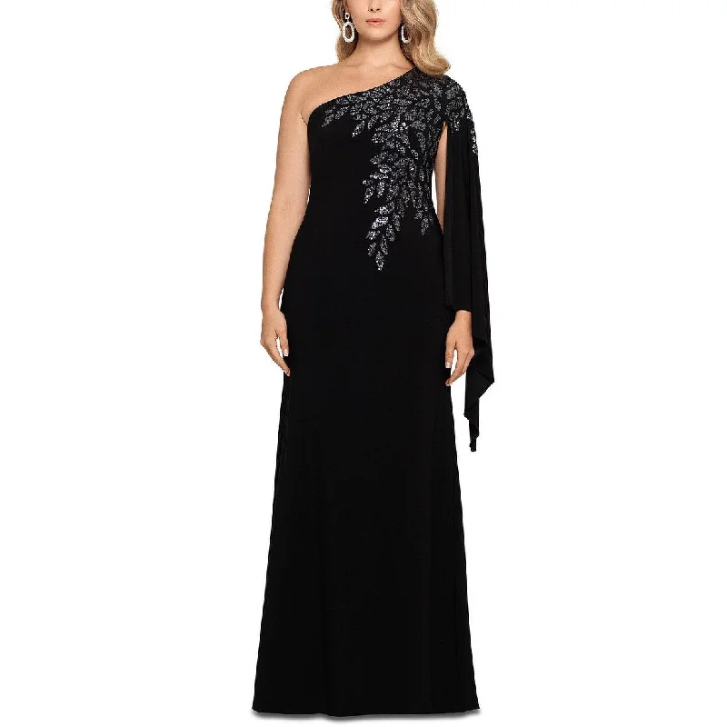 Xscape Women's Plus Size One-Shoulder Beaded Cape Gown Black Size 14W Australian Beach