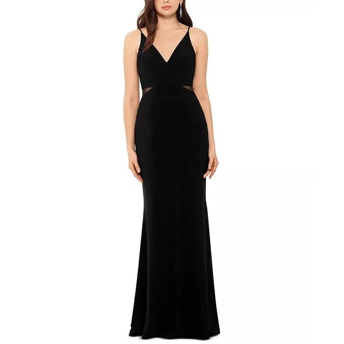 XSCAPE Women's V Neck Mesh Detail Gown Black Size 4 Unique Women's Upcycled