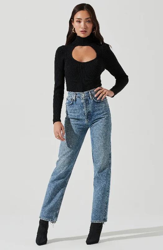 Front Cutout Long Sleeve Sweater Bodysuit Trendy Women's 