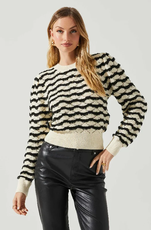 Jaylani Chevron Stripe Pointelle Sweater Casual Women's Loose - fitting