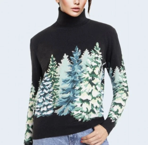 RICHARD GRAND~ Intarsia cashmere pine tree turtleneck sweater Cool Women's Distressed