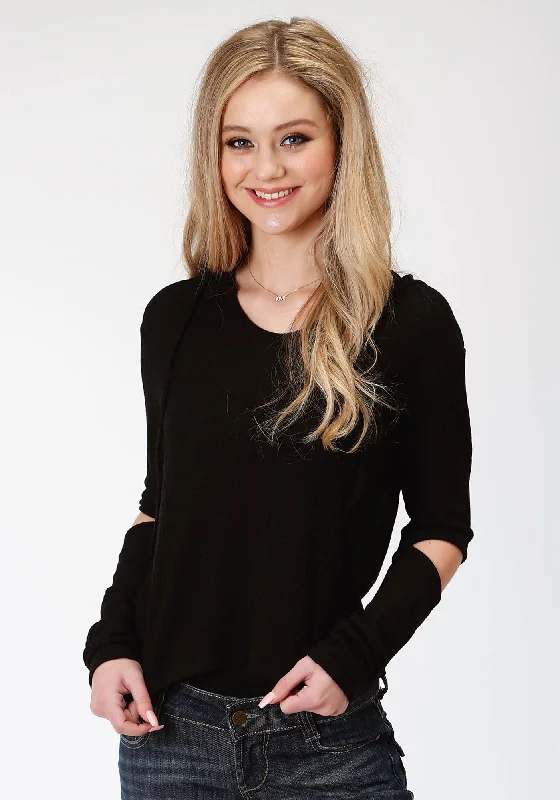 Roper Womens Black 100% Cotton Waffle Knit L/S Hoodie Cozy Women's Winter
