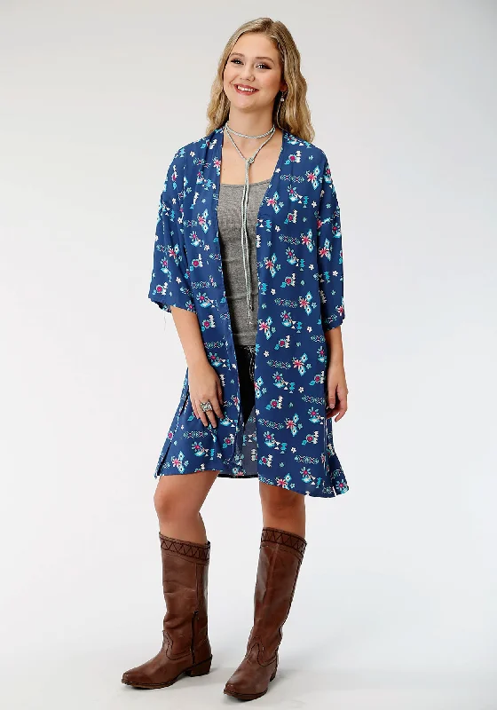 Roper Womens Blue Rayon/Nylon Summer Aztec L/S Cardigan Polished Women's Silk