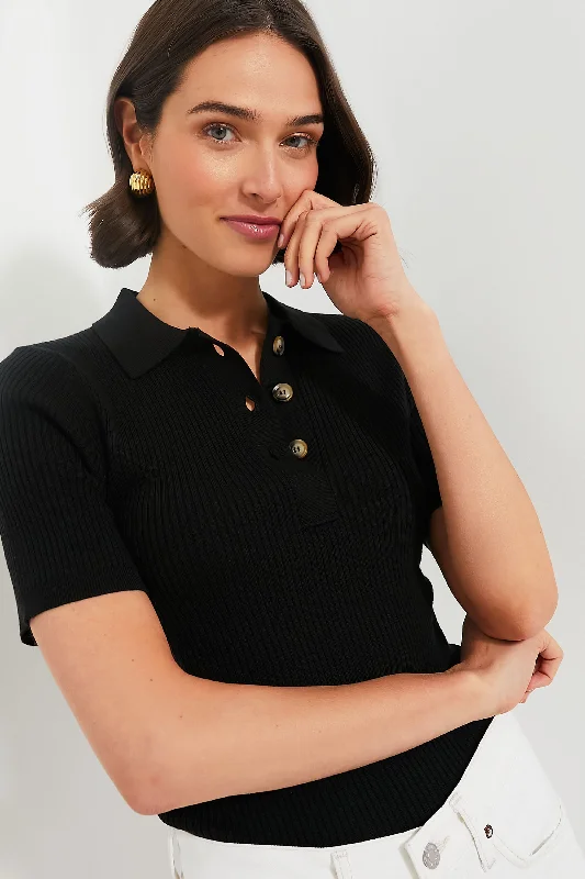 Black Olivia Rib Knit Polo Earthy Women's Hemp - based