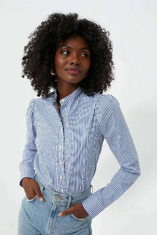 Blue and White Stripe Puffed Shoulder Shirt Vacation