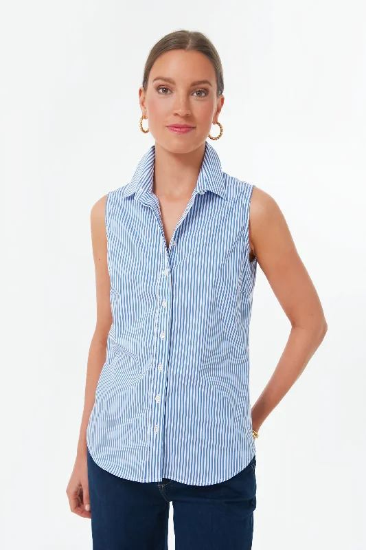 Blue and White Stripe Sleeveless Shirt Athletic Women's High - 