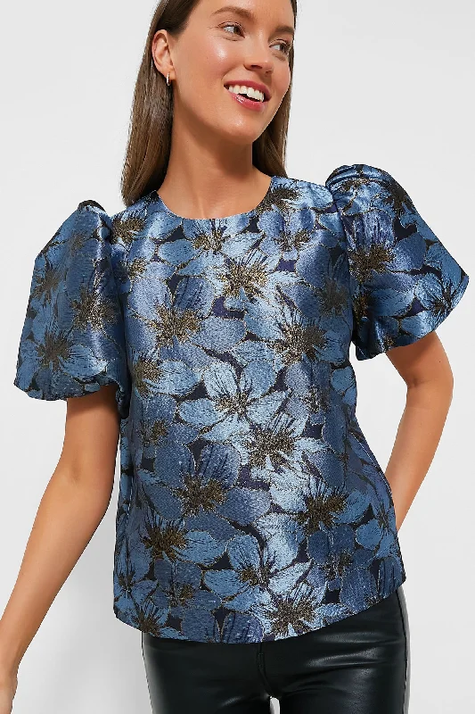 Blue Blossom Jacquard Lyla Blouse Vacation