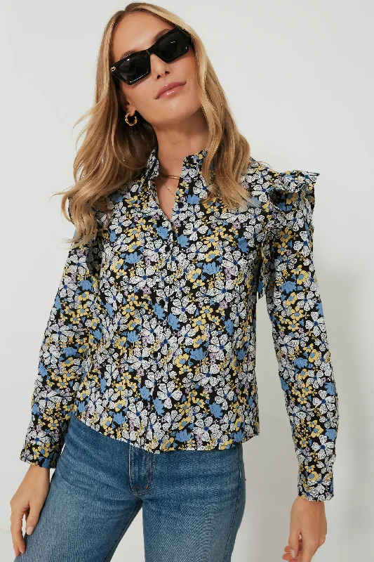Blue & Yellow Floral Primrose Blouse Casual Women's Loose - fitting