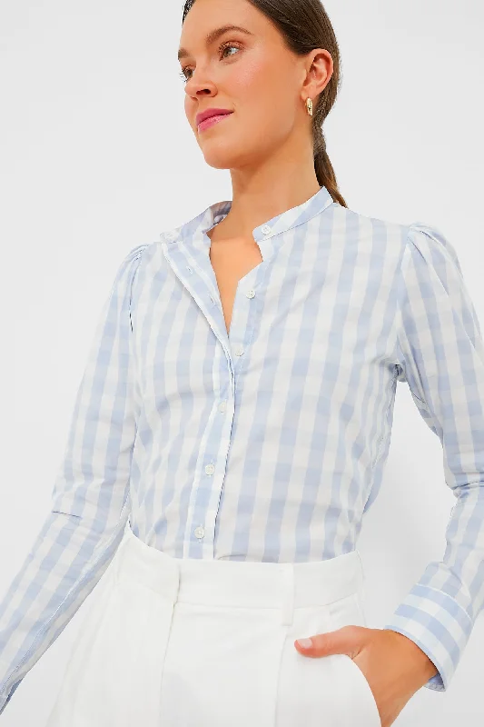 Exclusive Sky Blue Gingham Puffed Shoulder Shirt Athletic Women's 