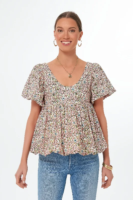 Floral Puff Sleeve Smocked Scoop Neck Virginia Blouse Classic Women's Pin - striped