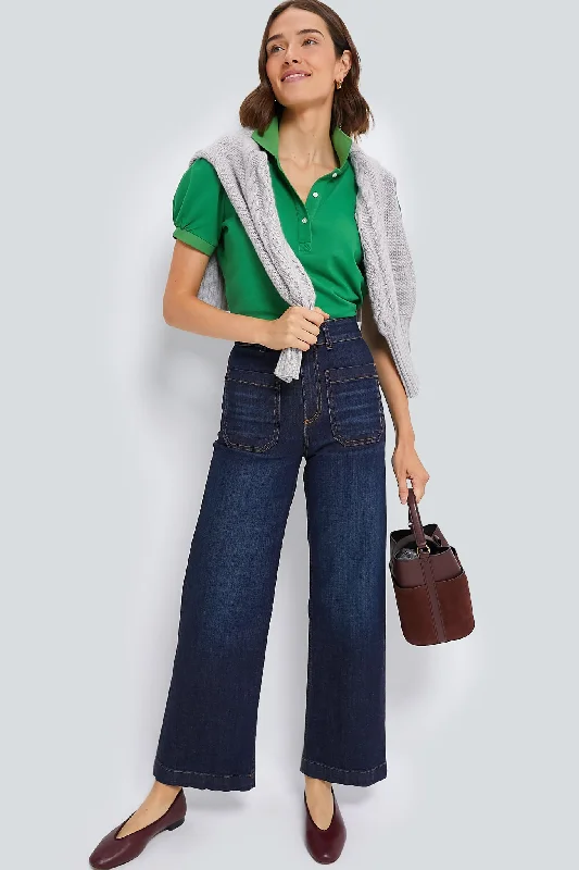 Green Pique Puff Sleeve Peggy Polo Geometric