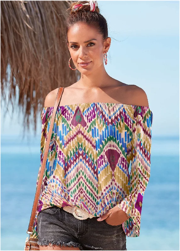 Bell Sleeve Printed Top - White Multi Confident Women's Power