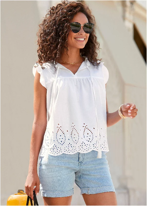 Eyelet Detail Top - White Relaxed Women's 