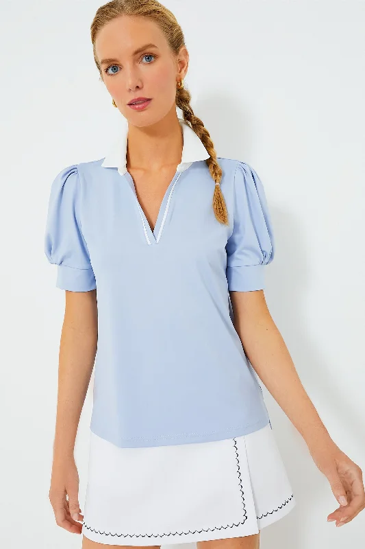 Light Blue Puff Sleeve Caroline Polo Cool Women's Distressed