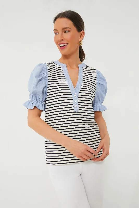 Navy Stripe Livia Puff Sleeve Top Feminine Women's Style 