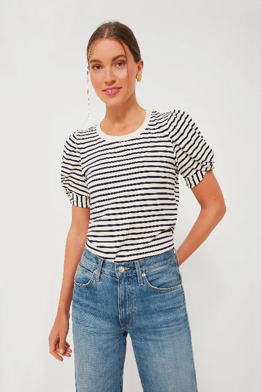 Navy Striped Vesty Puff Short Sleeve Crewneck Sustainable Organic