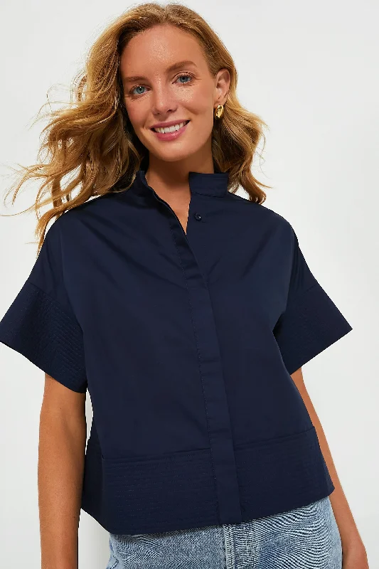 Navy Trapunto Stitch Sofia Shirt Casual Women's Loose - fitting