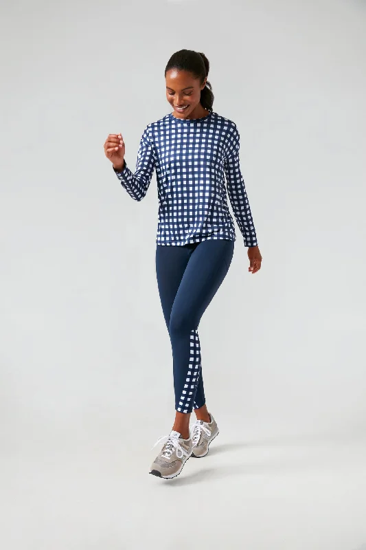 Navy Trellis Gingham Long Sleeve Ryan Boyfriend Tee Dapper Women's 1920S