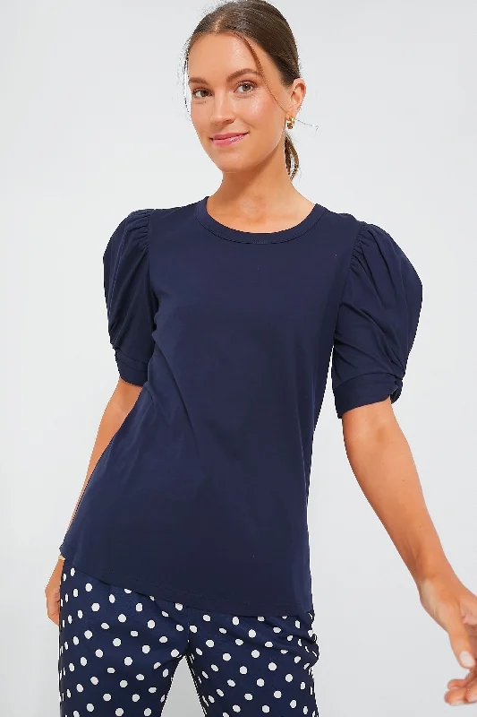 Navy Vesty Puff Sleeve Crewneck Laid - back Women's Vibe