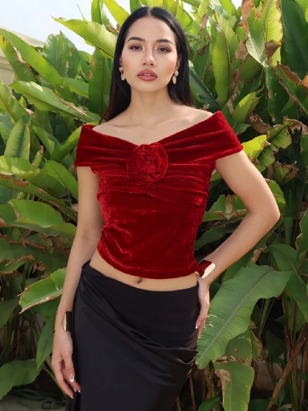 Velvet Off-Shoulder Rose Top Refined Women's 