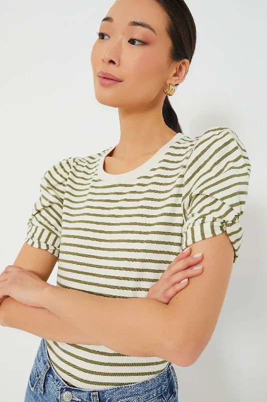 Olive Striped Vesty Puff Short Sleeve Crewneck Earthy Women's 