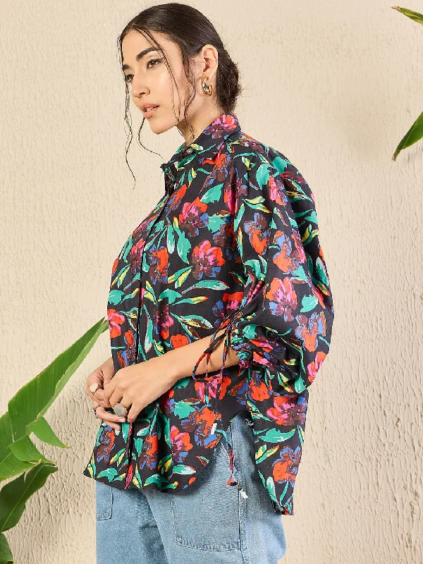Printed Cotton Shirt with Tie Up Sleeves Refined Women's 
