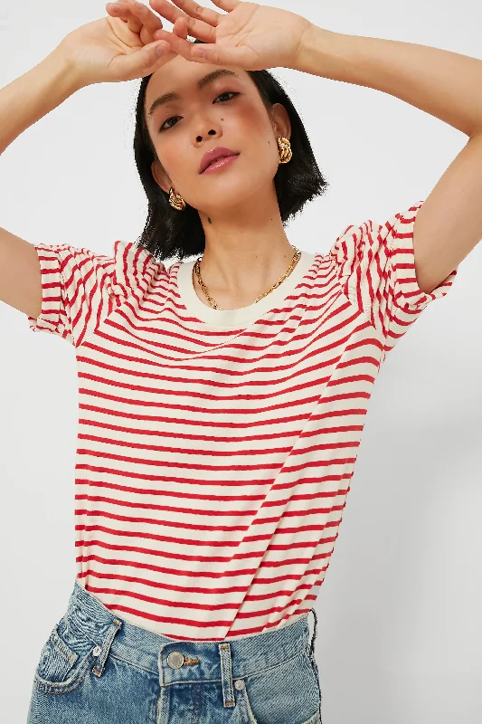 Red Striped Vesty Puff Short Sleeve Crewneck Stylish Women's Neon