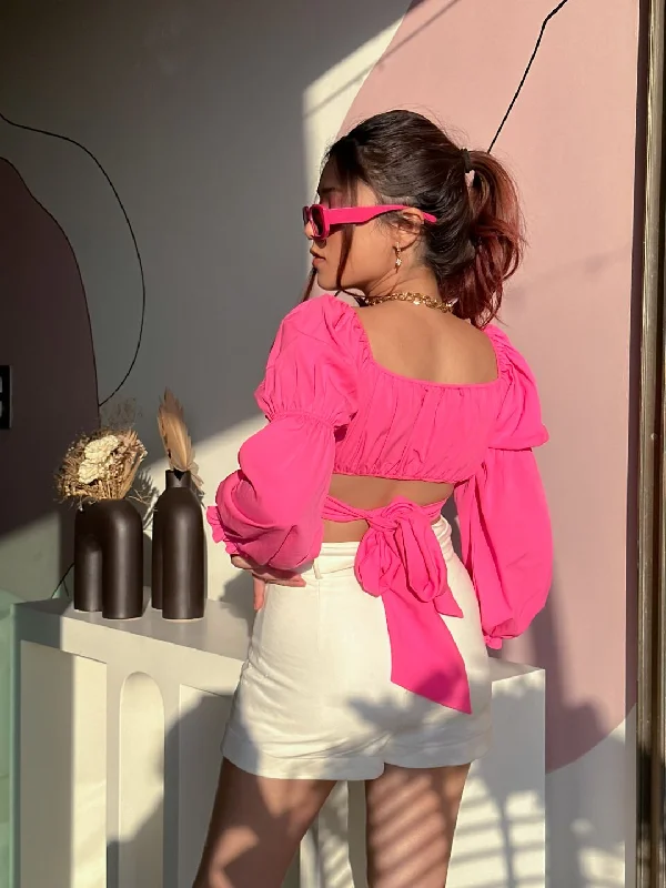 Tie Up Crop Top with Peasant Sleeves Youthful Women's Pop