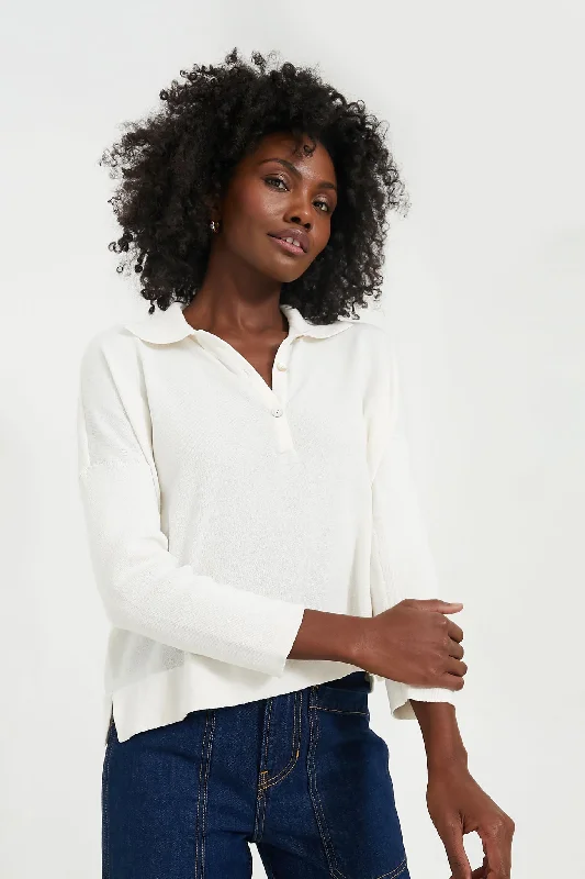White Clayton Long Sleeve Knit Polo Relaxed Women's 