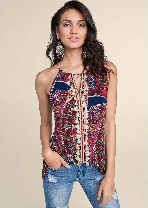 Paisley Print Tassel Top - Red Multi Preppy Women's College